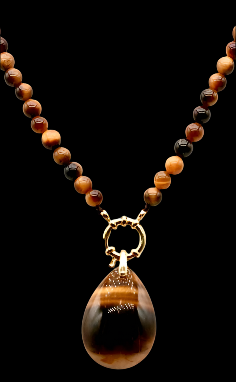Collier Boule en Œil de Tigre & Attache Bouée Dorée avec Pendentif