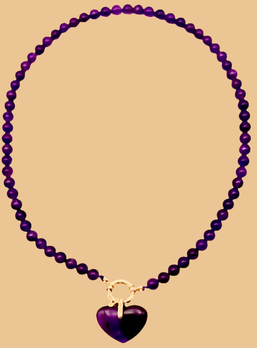Collier Boule en Améthyste & Attache Bouée Dorée – Pendentif Cœur