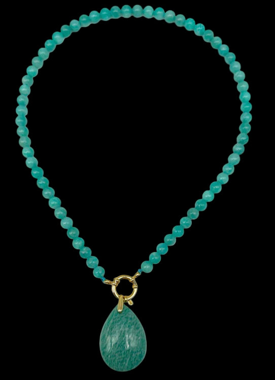 Collier Amazonite du Pérou Qualité A – Attache Bouée Acier Doré & Pendentif | Bijou Naturel